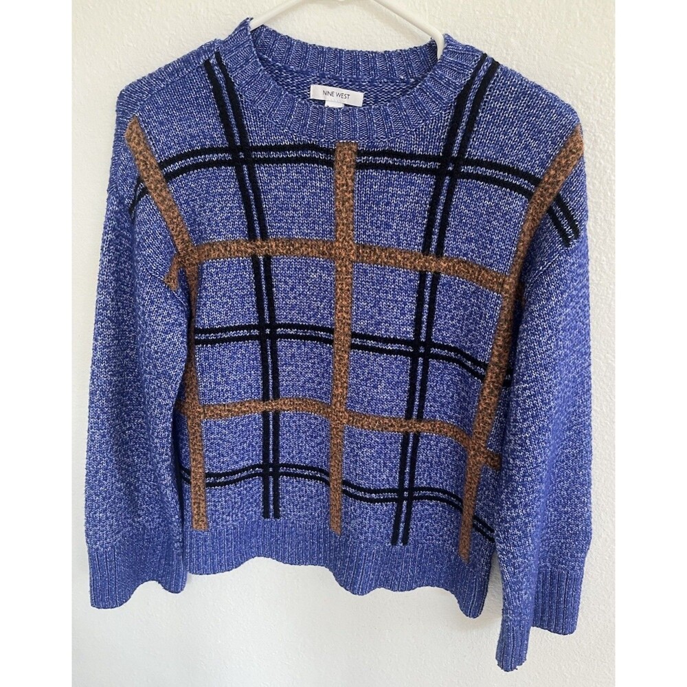 Nine West Blue Marled Knit Crewneck Pullover Sweater Womens Small Preppy Slouchy